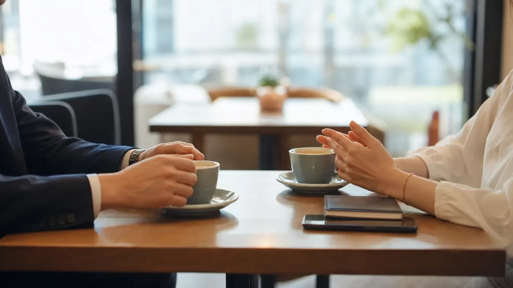 パパ活の顔合わせシーンを想起させるカフェのテーブル風景。