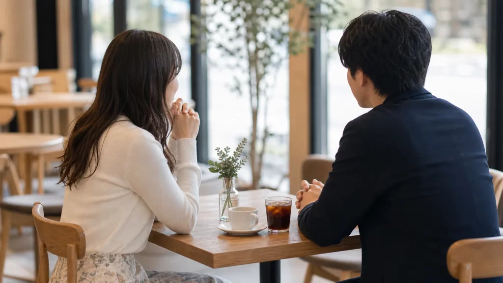 カフェで初対面の男女が向かい合って会話する顔合わせの場面。