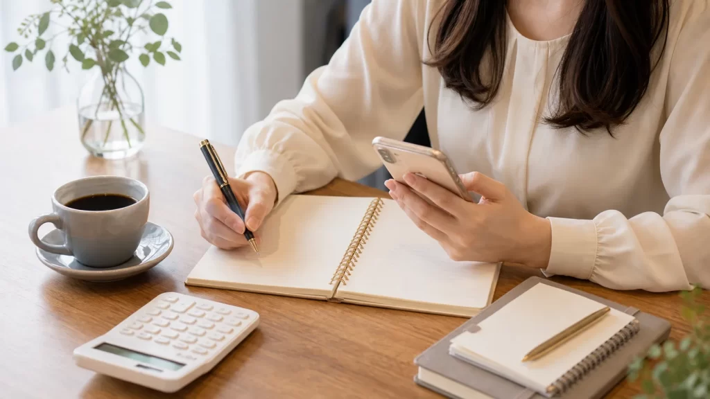 ノートに書き込みながらスマートフォンと向き合う20代女性。