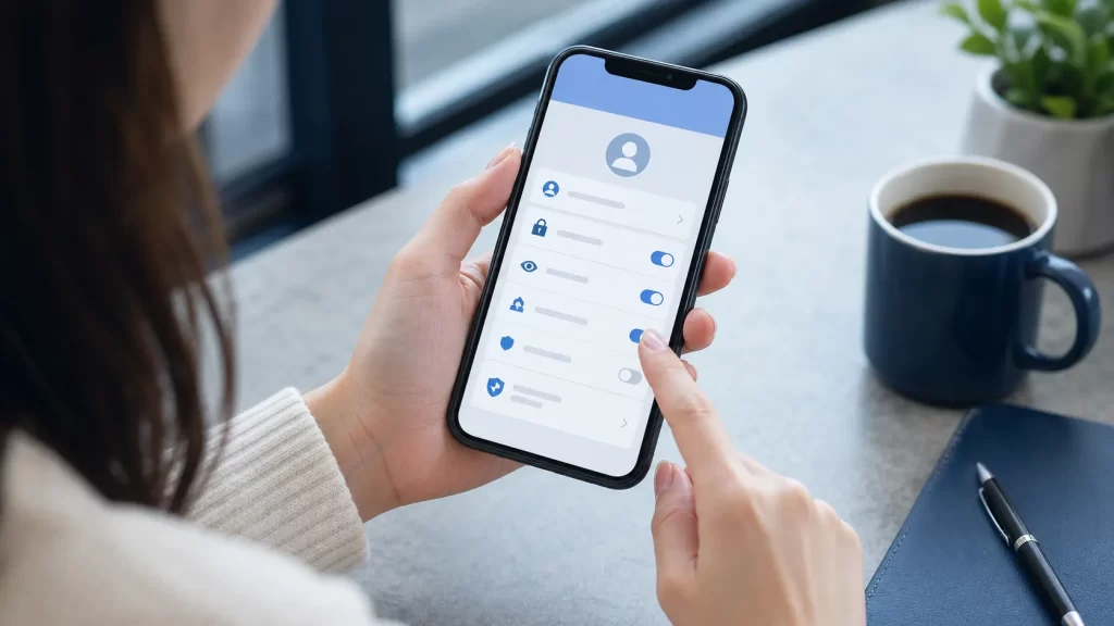 スマートフォンのLINE設定画面(登録名・プライバシー設定)を確認する女性の手元