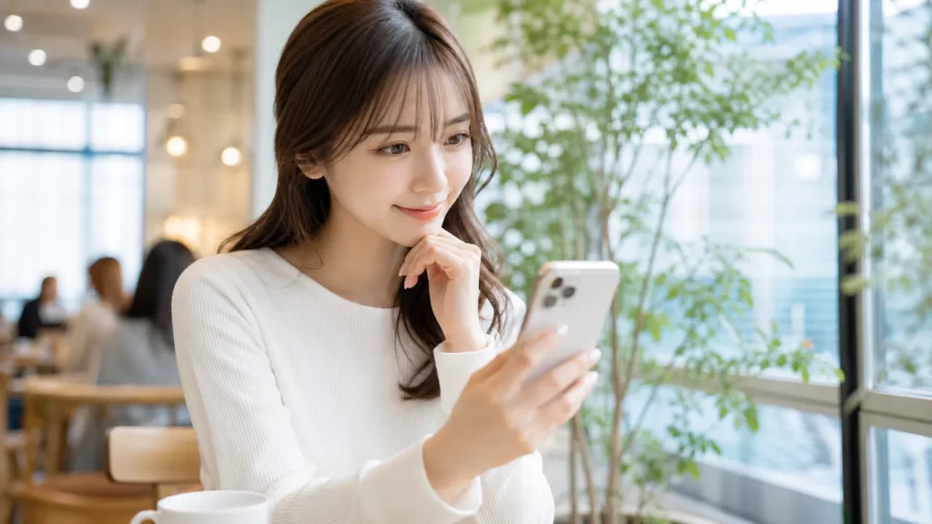 スマートフォンでプロフィール写真を確認する女性。