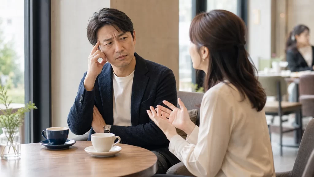 困った表情の40代男性と、それに気づかず話し続ける女性のカフェ場面