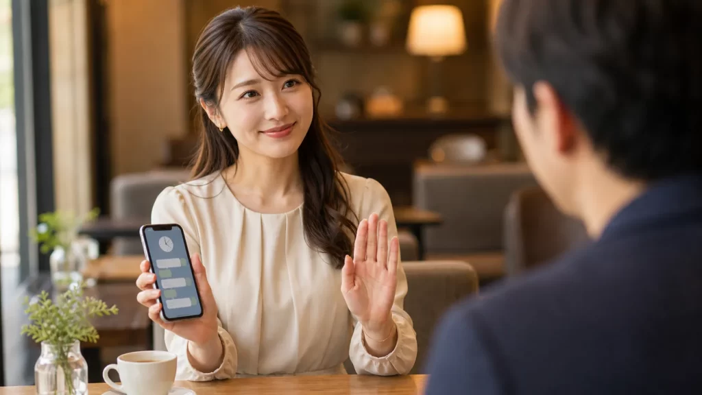 スマホの時計を見ながら笑顔で延長を断る女性