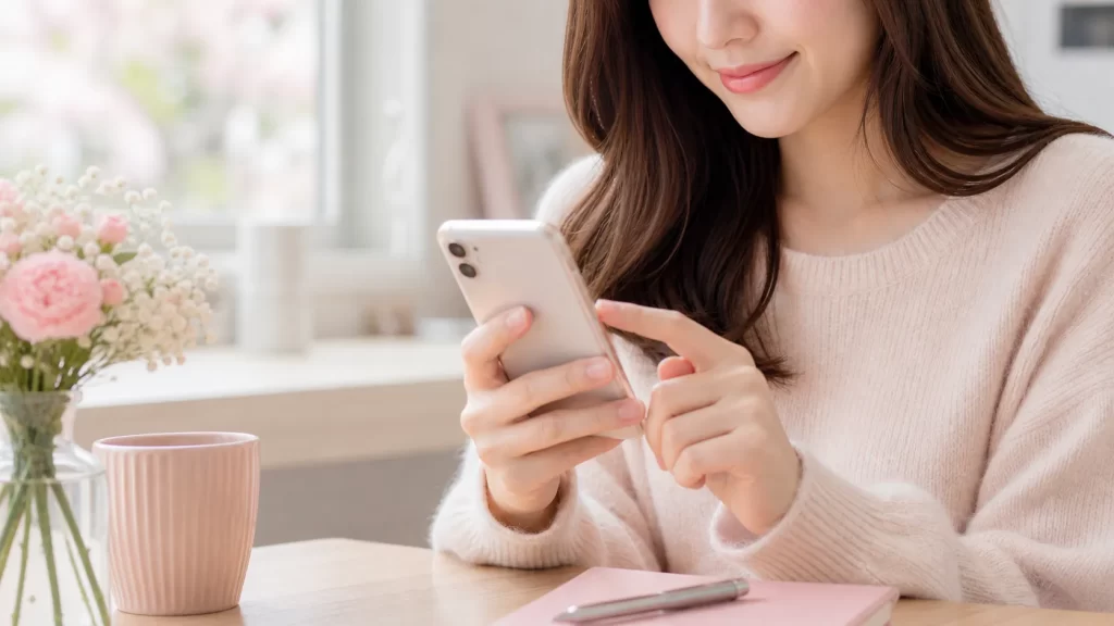 スマートフォンでメッセージを打つ女性の手元と、柔らかい笑顔