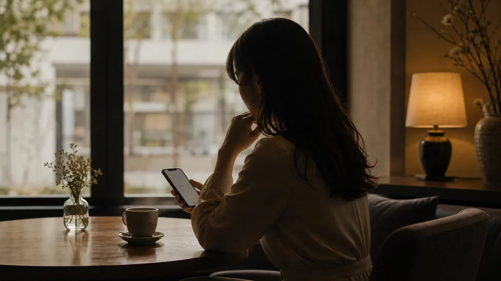 スマートフォンでメッセージを打ち込んでいる女性のシルエット。