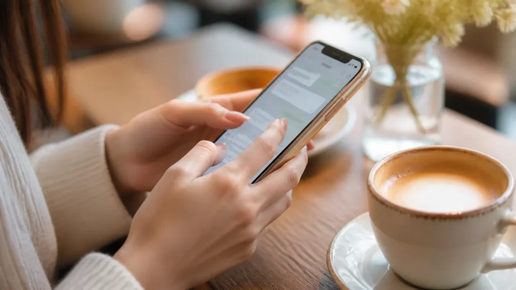 スマートフォンでメッセージを打つ女性の手元のアップ。