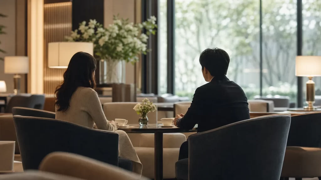 明るいホテルラウンジのカフェで向かい合って会話する男女のシルエット。