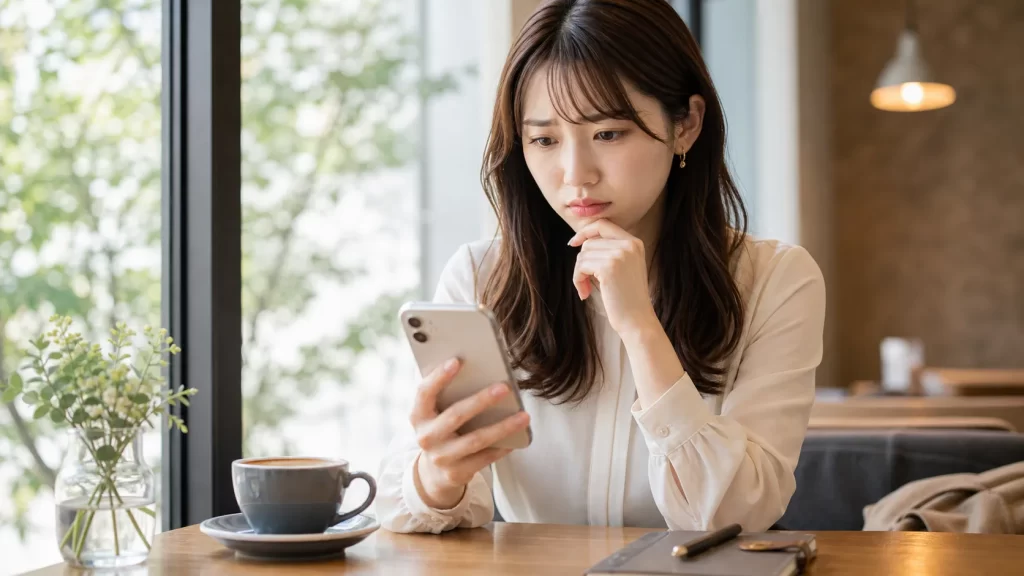 スマートフォンの画面を見て少し困った表情の20代女性。