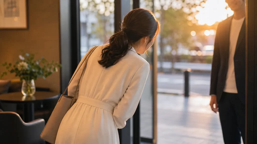 カフェの出口で、男性に向けて笑顔で会釈する女性の後ろ姿。