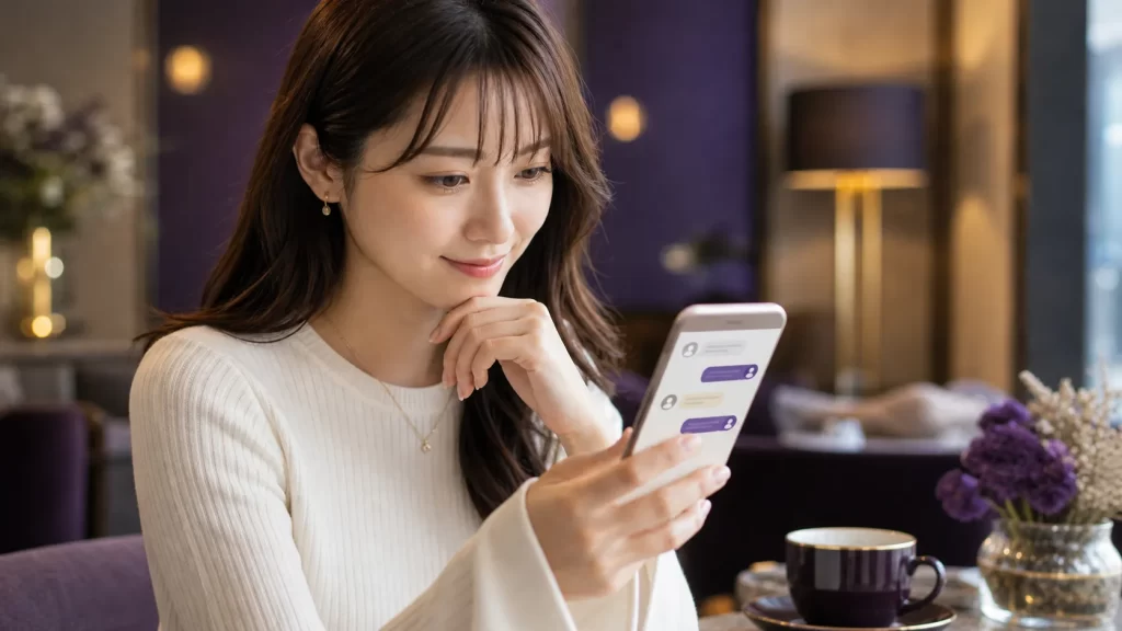 スマートフォンでパパ活アプリのチャット画面を安心した表情で見る女性。