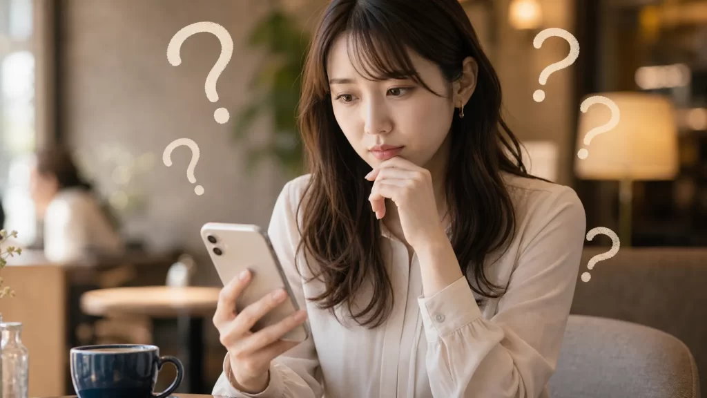 スマホでパパ活の顔合わせ時間に関する疑問を調べる女性