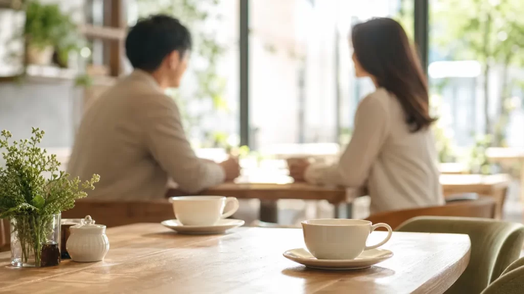 明るいカフェのテーブル席で向かい合う男女のシルエット