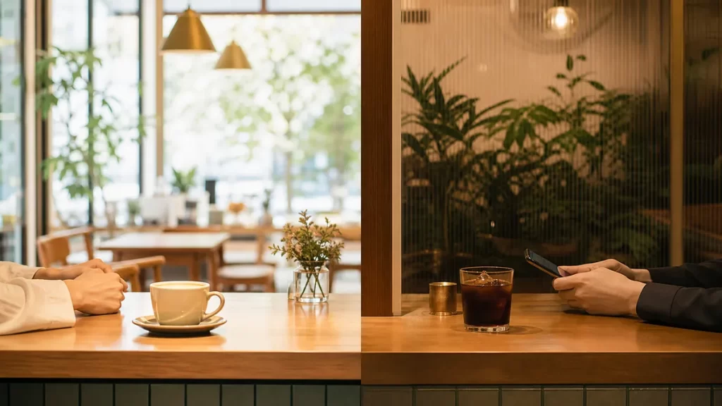 カフェのカウンターとドリンクが並ぶ明るい店内。左右に「良い点」と「悪い点」を想起させる対比的な構図。
