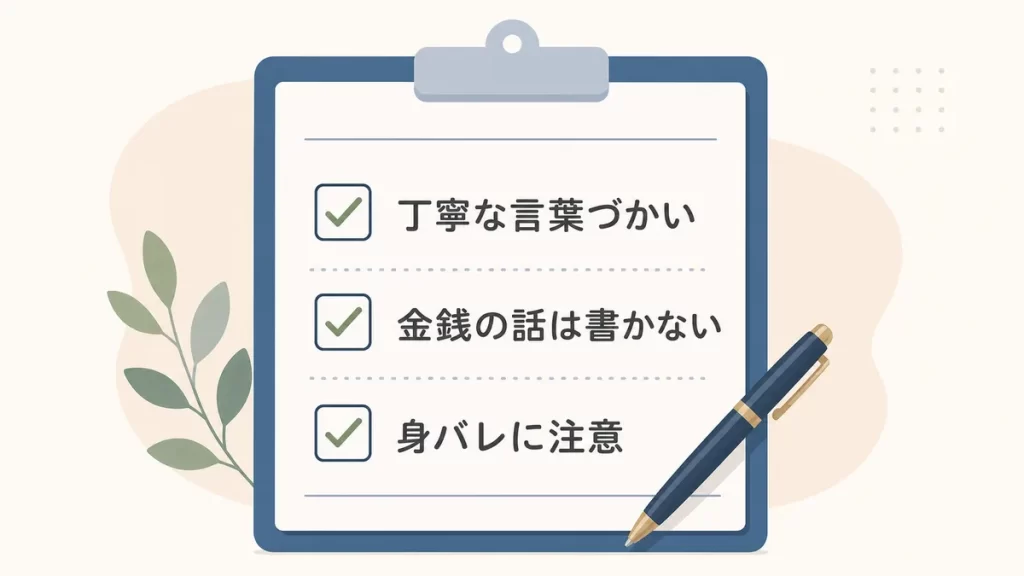 チェックリストとペンのフラットイラスト。「丁寧な言葉づかい」「金銭の話は書かない」などの項目。