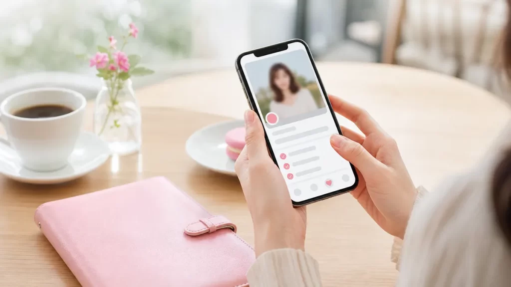 スマートフォンでパパ活アプリのプロフィール画面を操作する若い女性の手元。明るく清潔感のあるカフェの背景。顔は写さず手元とスマートフォン中心の構図。