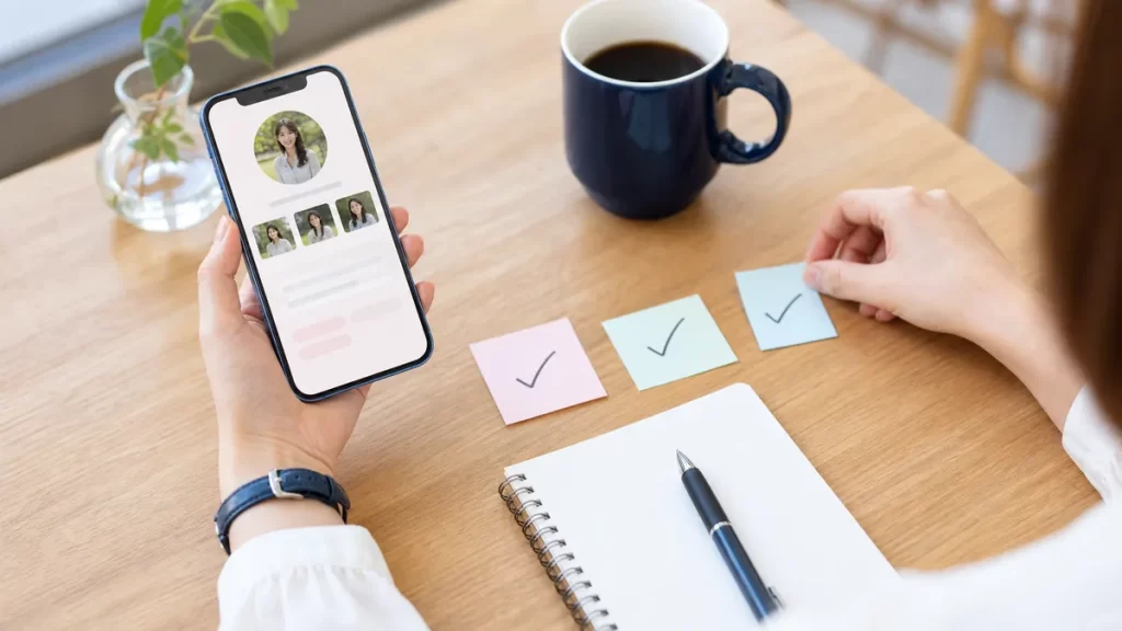 魅力的なパパ活プロフィールの作成例を示すスマートフォン画面のモックアップ。清潔感のある自己紹介文と写真欄を表示