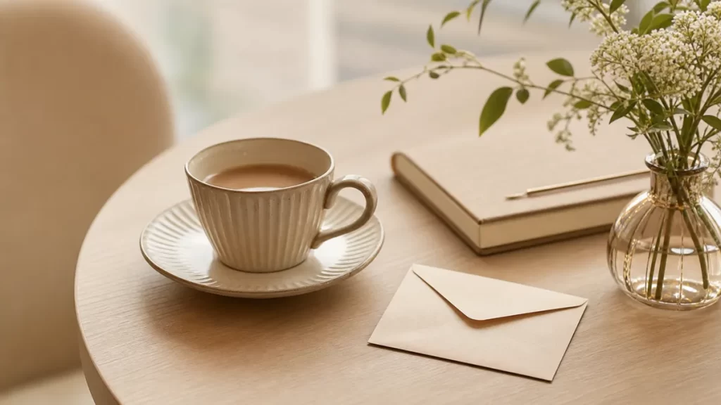 コーヒーカップと小さな封筒（お手当を連想させる）を上品に並べた構図。落ち着いたベージュの配色で、お金の生々しさは抑える。