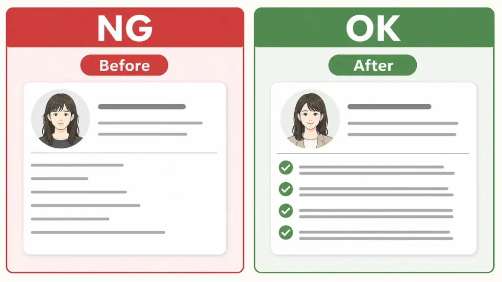 「NG」と「OK」を左右で対比したビフォーアフター図。赤と緑で区別。
