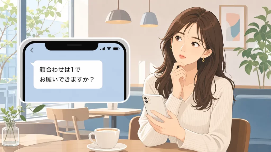 スマートフォンの画面に「顔合わせは1でお願いできますか？」というメッセージが表示され、カフェにいる若い女性が少し首をかしげて考えている様子