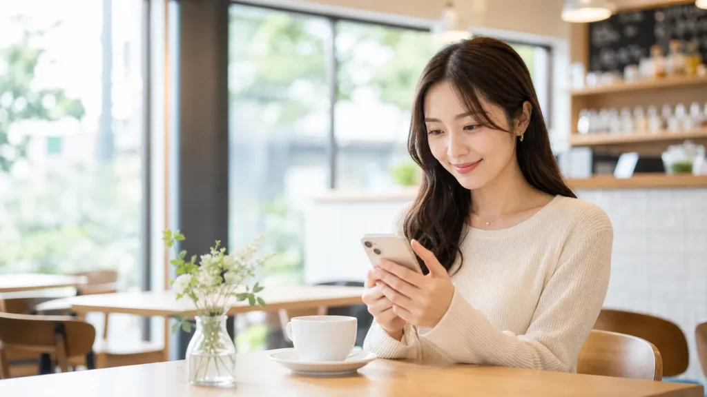 スマートフォンでパパ活アプリのプロフィール画面を見ながら微笑む20代女性。