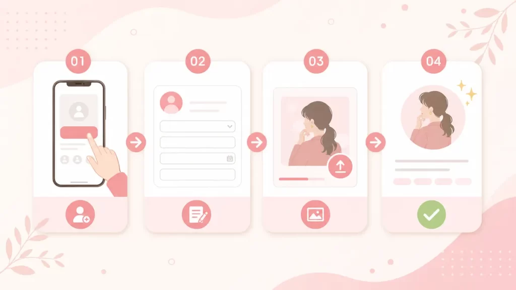 パパ活アプリの登録からプロフィール入力までの流れを示すシンプルなステップ図。