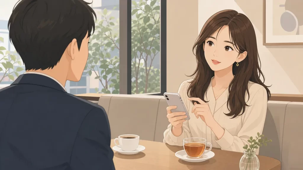 カフェで女性が品よくスマートフォンを操作しながら、向かいの男性と穏やかに会話している様子。