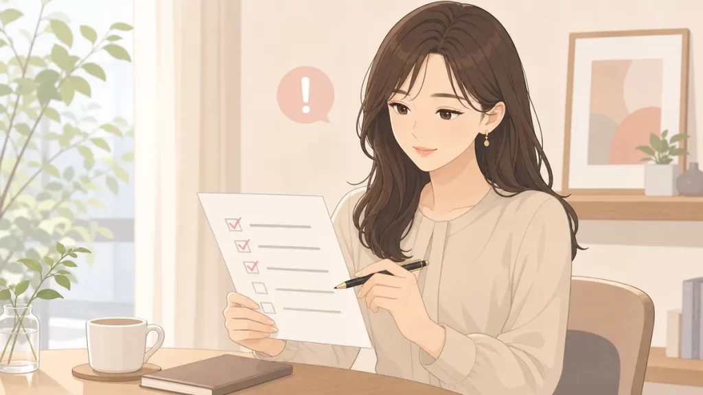 チェックリストの紙を手に持ち、ひとつずつ確認している女性のイラスト。