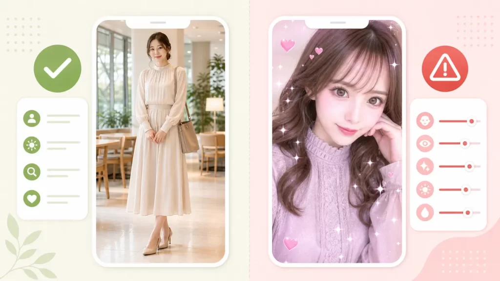 良い写真と避けたい写真の比較イメージ。
