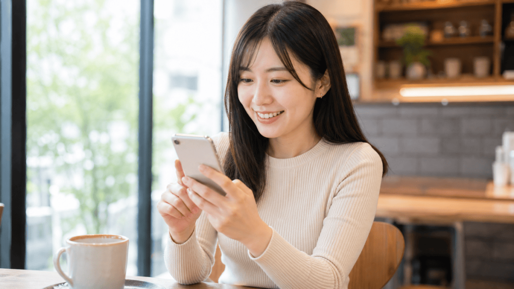 スマートフォンでパパ活アプリのプロフィール画面を見ながら微笑む20代女性