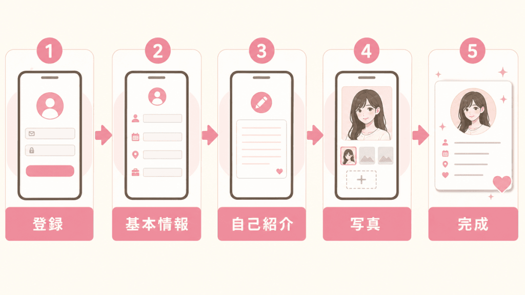 パパ活アプリの登録からプロフィール入力までの流れを示すシンプルなステップ図