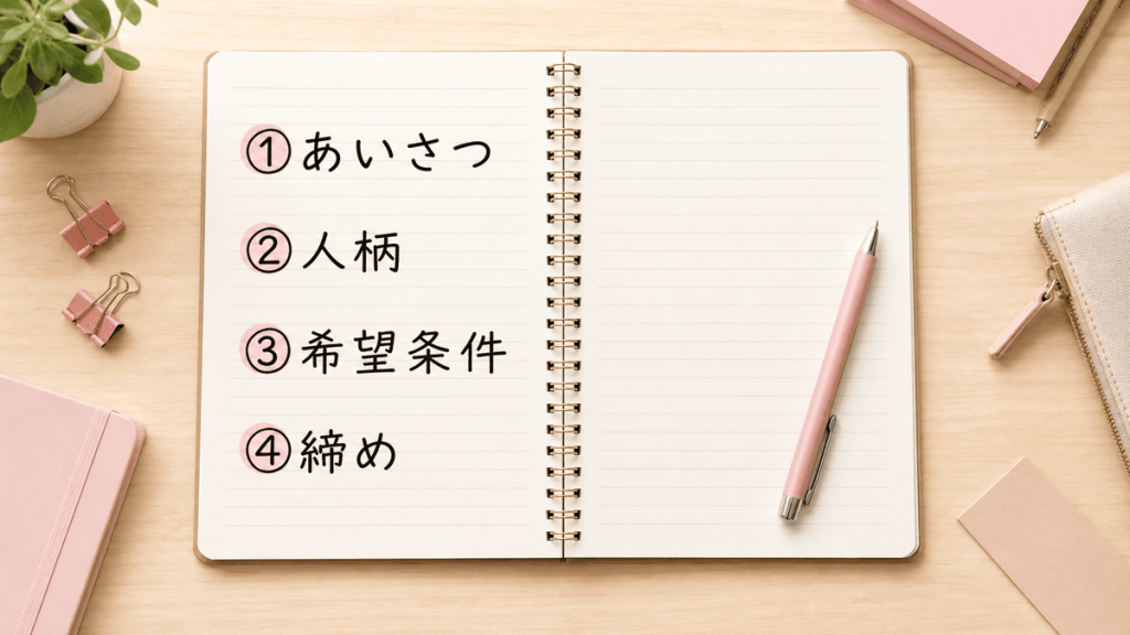 自己紹介文の構成テンプレートを示すノートとペンのイメージ。