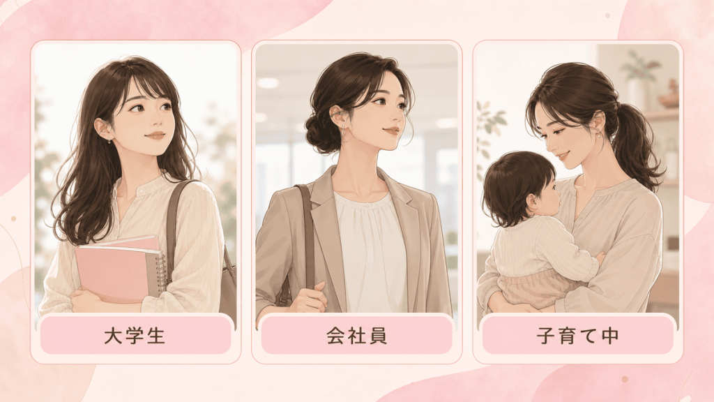 学生・OL・主婦など異なる雰囲気の女性のシルエットを並べたイラスト。