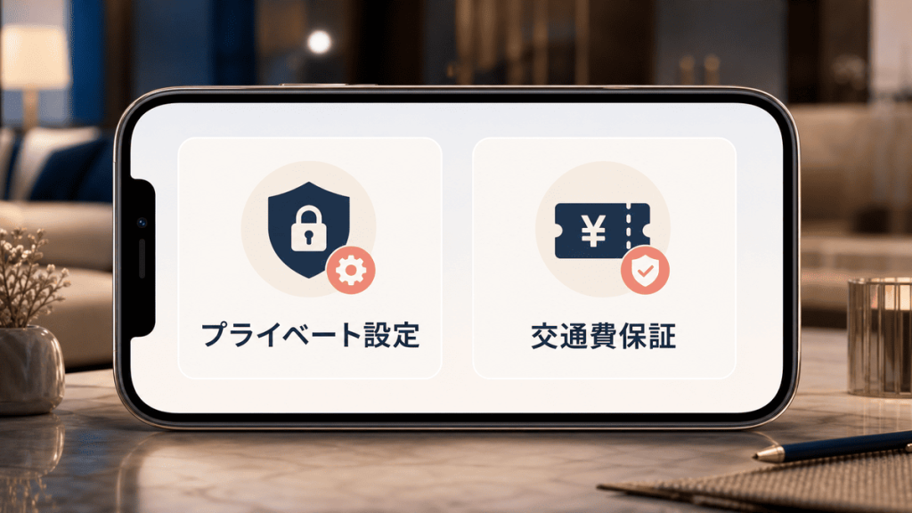 審査制マッチングアプリの安全機能を紹介するスマートフォン画面のイメージ。