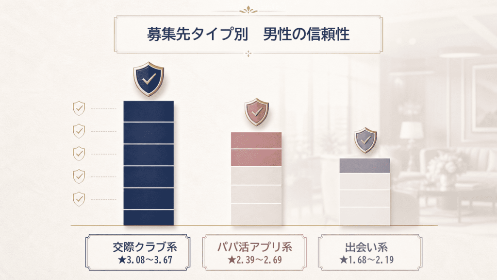 交際クラブ系、パパ活アプリ系、出会い系の男性信頼性スコアを比較したグラフ