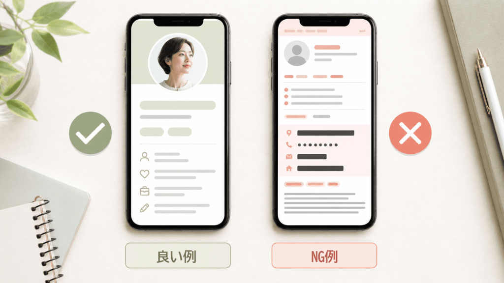 パパ活の自己紹介文の良い例と個人情報を含むNG例を比較したスマートフォン画面