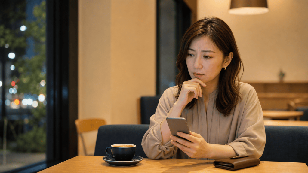 カフェでスマートフォンを見ながら良すぎる条件の危険性を考える女性