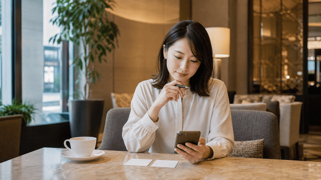 スマートフォンと2枚のカードを見比べて提示された条件を検討する女性