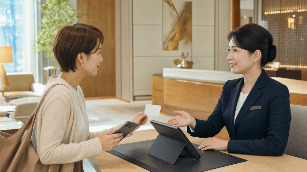 受付スタッフにスマートフォンと本人確認カードを提示して相談する女性