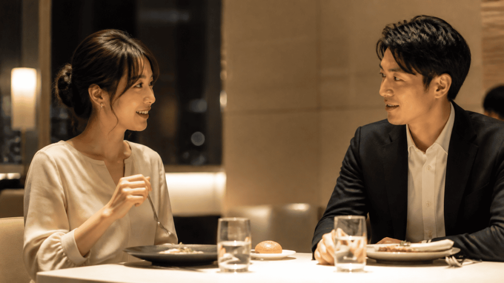 落ち着いたレストランで適切な距離を保ち、上品に食事と会話を楽しむ成人男女