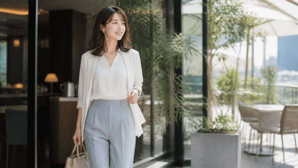 明るいラウンジを笑顔で後にし、前向きな次の一歩を感じさせる成人女性。