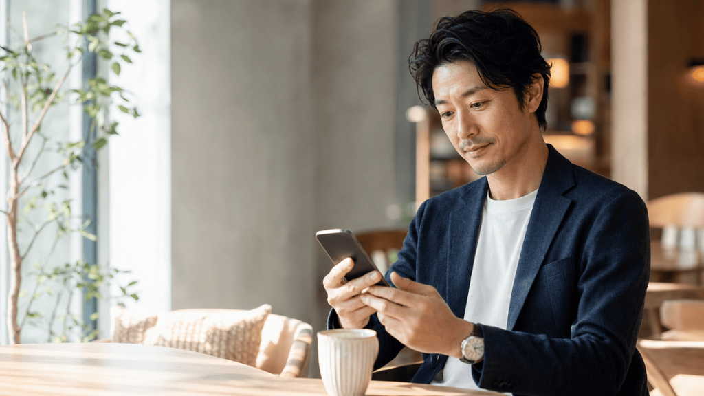 スマートフォンでメッセージ画面を確認する落ち着いた30〜40代男性