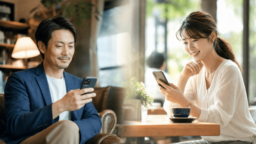 好印象なメッセージを送る男性と、笑顔で返信を確認する女性のイメージ