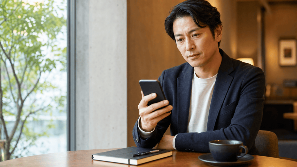 落ち着いたカフェでスマートフォンを手に条件を確認するイメージ
