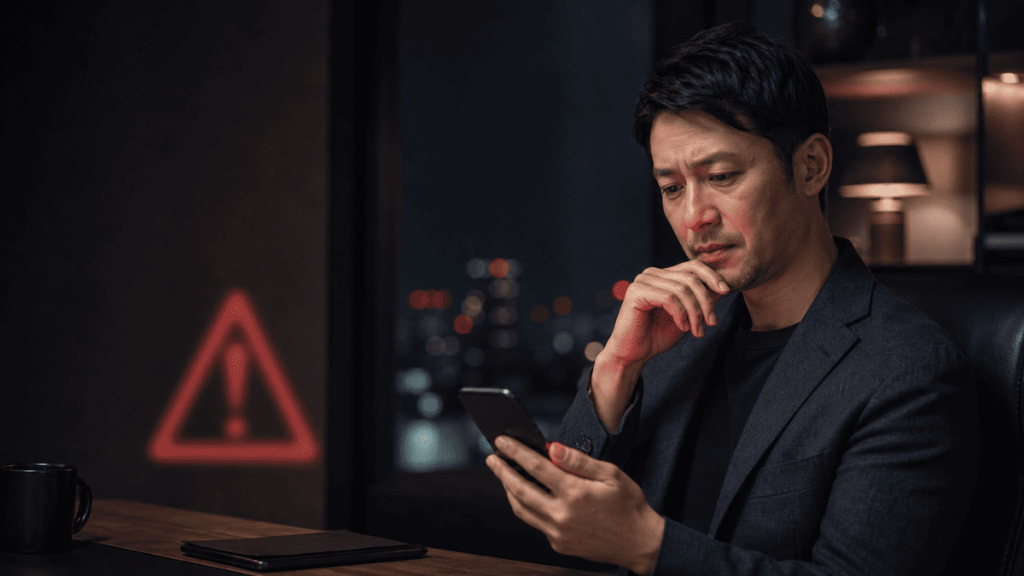 怪しいメッセージを警戒する男性と注意マークのイメージ