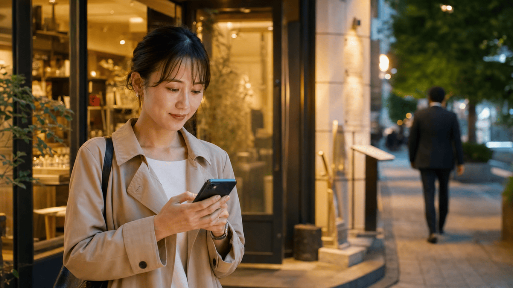顔合わせ後にスマートフォンでお礼を送る女性