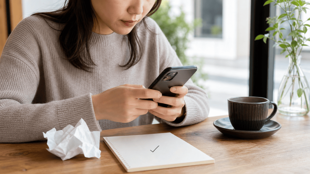 NG例を見直してお礼メッセージを修正する女性