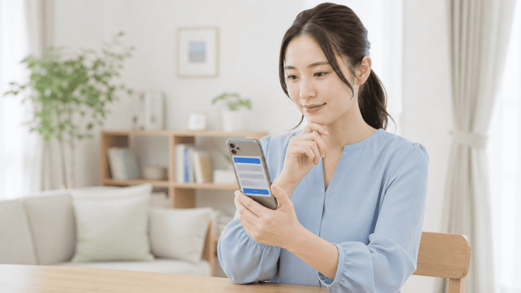 安全性を確認しながらアプリ登録を進める成人女性