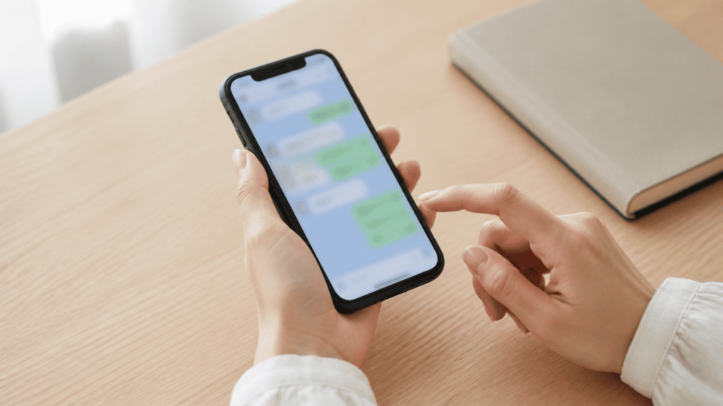 スマートフォンのメッセージを慎重に確認する女性の手元