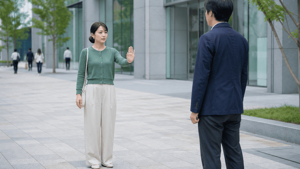 相手と距離を取りながら断る意思を伝える成人女性