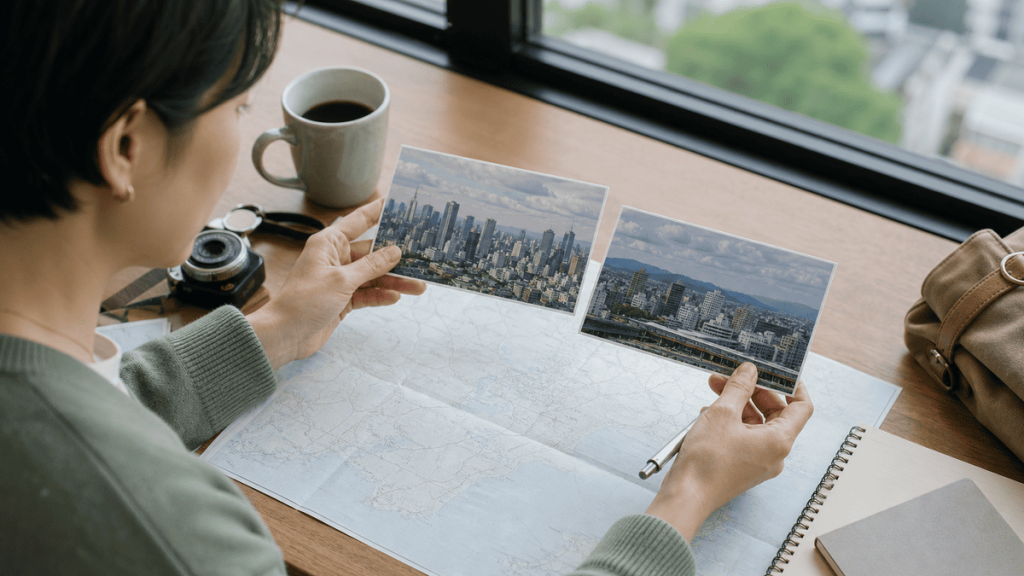 都市圏と地方主要都市の写真を地図上で比較する女性